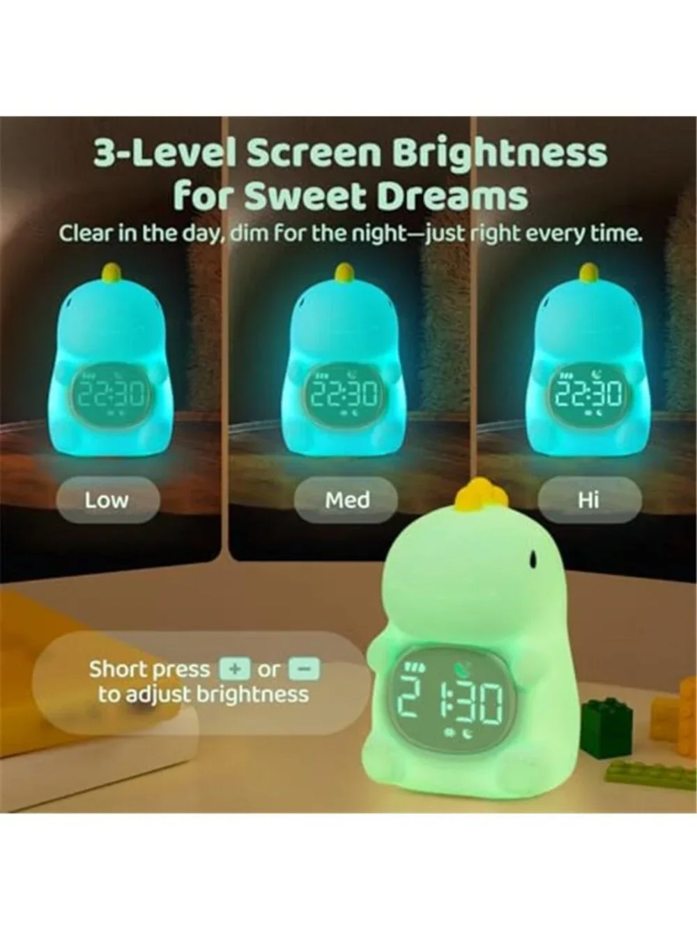 Kids Dinosaur Alarm Clock Silicone Night Light Sleep Training Digital Snooze LED